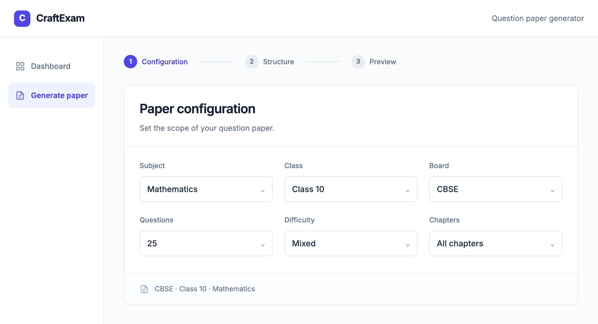 Illustration of the CraftExam paper settings dashboard showing subject, class, board, question count, difficulty, and chapters.