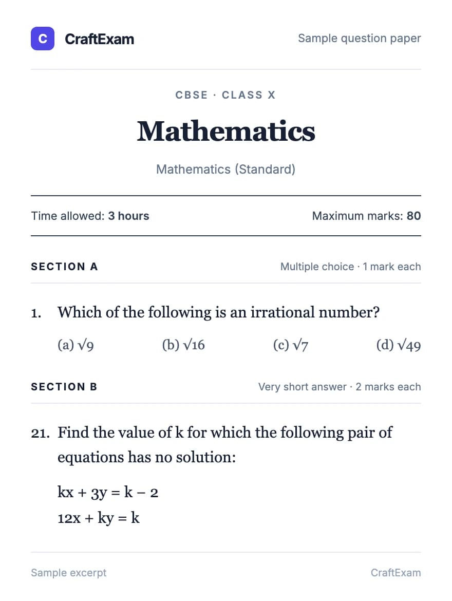 Class 10 CBSE Mathematics sample paper excerpt, with exam details, multiple-choice questions, and a short-answer section.